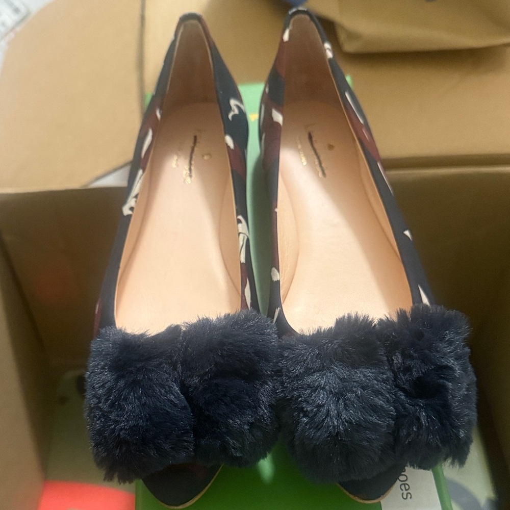 Kate Spade Ericka Fox Ballet Flats Navy Print Fur Pom Pom Bow Size 8